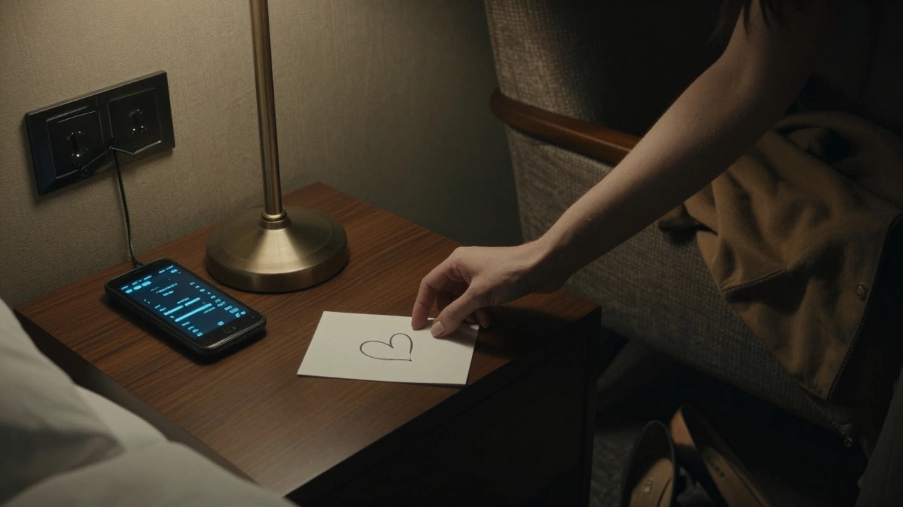 A handwritten note and glowing phone on a hotel bedside table, suggesting quiet emotional connection.