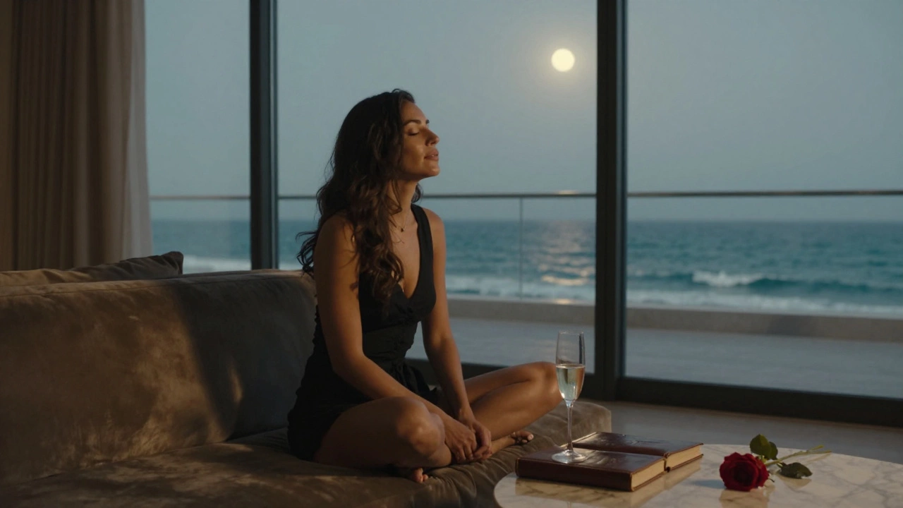 A serene woman in a villa overlooking Palm Jumeirah, moonlight reflecting off champagne and a rose on marble.